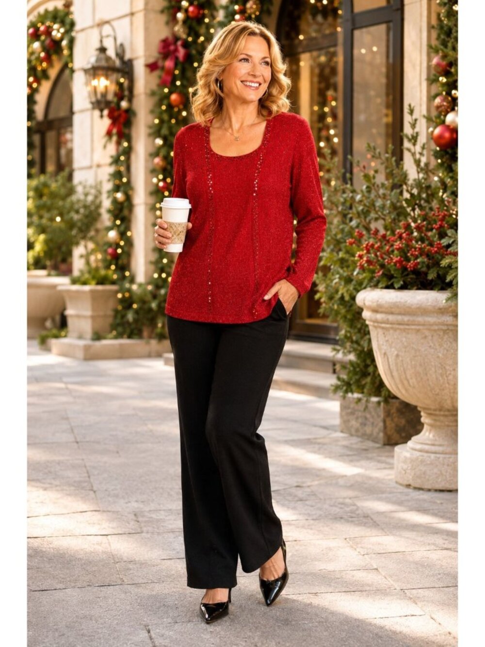 Notations PXL Red Sparkly Sequin Long Sleeve Knit Top Holiday Petite Retro Chic